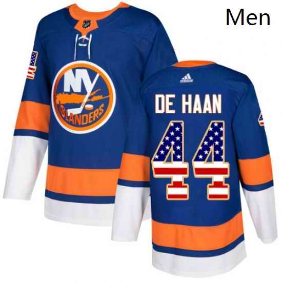 Mens Adidas New York Islanders 44 Calvin de Haan Authentic Royal Blue USA Flag Fashion NHL Jersey